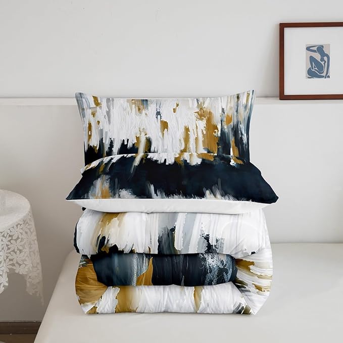 Gray Blue Bedding Set King Gradient Stripe Comforter Set, Modern Oil Painting Graffiti Duvet Insert Watercolor Abstract Artwork Quilt Sets, Aesthetic Chic Vintage Bedding Comforters & Sets Lightweight