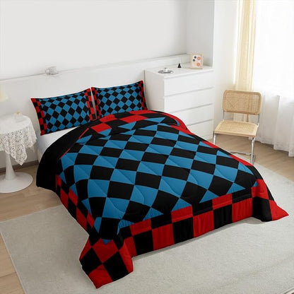 Feelyou Checkered Retro Bedding Set for Boys Girls Red Blue Black Plaid Comforter Set Toddler Size Geometric Vintage Duvet Quilt Modern Simple Groovy Aesthetic Bedroom Decor 2 Pcs with 1 Pillow Cases