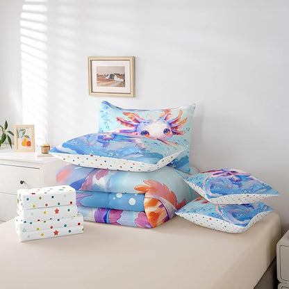 Feelyou King Size Cute Axolotl Bed in a Bag Boys Girls Blue Cartoon Salamander Comforter Set with Sheets for Kids Ultra Soft Kawaii Ocean Sealife 7 Piece Bedding Set Reptile Animal Room Decor