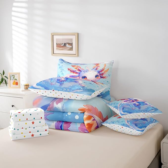 Feelyou Full Size Cute Axolotl Bed in a Bag Boys Girls Blue Cartoon Salamander Comforter Set with Sheets for Kids Ultra Soft Kawaii Ocean Sealife 7 Piece Bedding Set Reptile Animal Room Decor