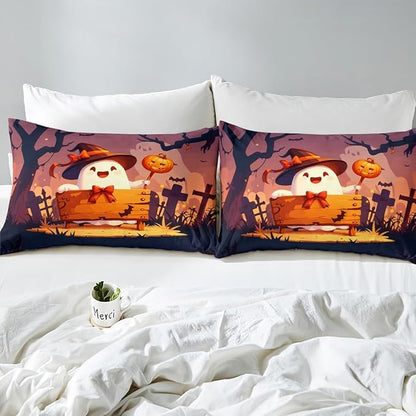 Erosebridal Teens Halloween Queen Comforter Set, Cute Ghost Bow Bedding Set Spooky Halloween Decor Comforter for Kids Boys Girls Youth Adults Bedroom, Cartoon Graveyard Gothic Pumpkin Lantern Quilt