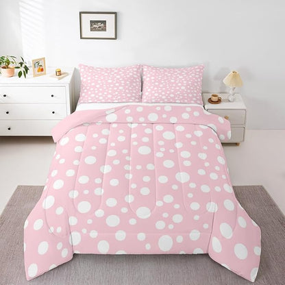 Manfei White Polka Dots Comforter Set King Size,Geometric Circles Pink White Simple Girly Bedding Set for Adults Room,Princess French Style Cute Dots Print Comforter,3 Pcs 2 Pillowcases
