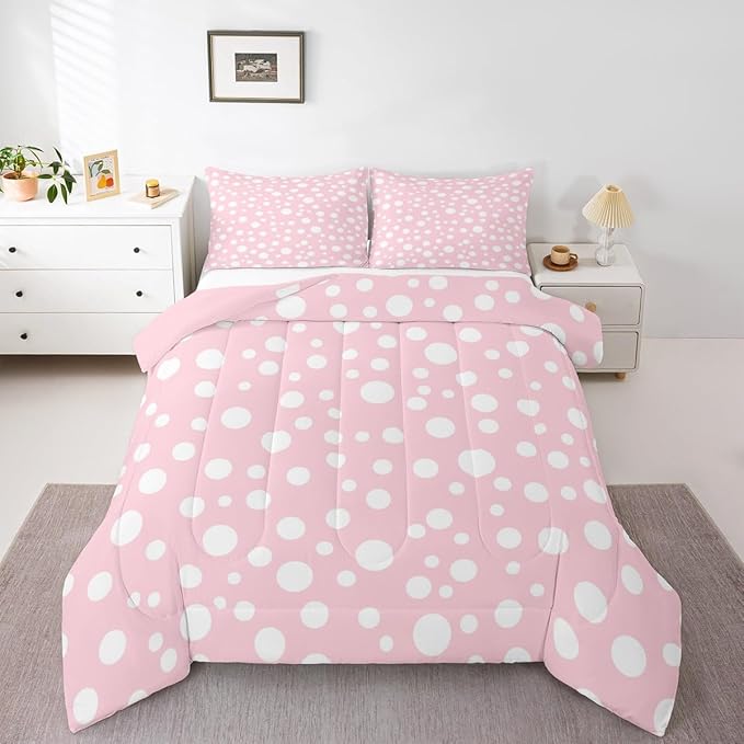 Manfei White Polka Dots Comforter Set Queen Size,Geometric Circles Pink White Simple Girly Bedding Set for Teens Adults,Princess French Style Cute Dots Print Comforter,3 Pcs 2 Pillowcases
