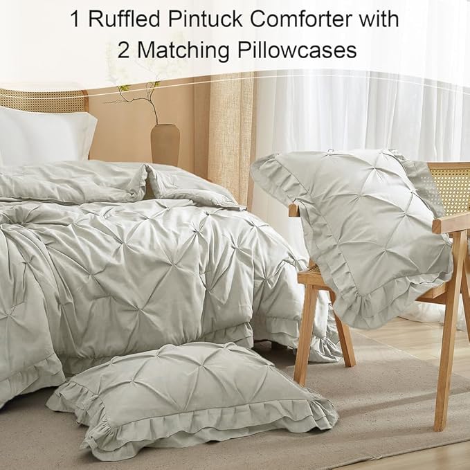 AMWAN Ruffled Pintuck Shabby Chic Farmhouse Comforter Set King Size 3 PCS (1 Solid Ruffled Comforter with 2 Pillowcases) Soft Fluffy Pinch Pleated Comforter Set All Seasons Comforter Set Light Grey