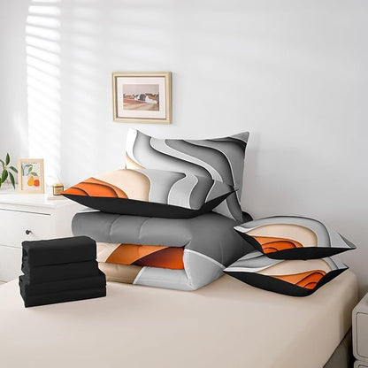 Erosebridal Grey Orange Gradient King Comforter Set 7 Pieces Kids Teens Adults Geometric Stripe Bedding Comforter Sets, Aesthetic Wave Bed in a Bag Modern Abstract Bedding Set, Ombre Bed Sheets Set