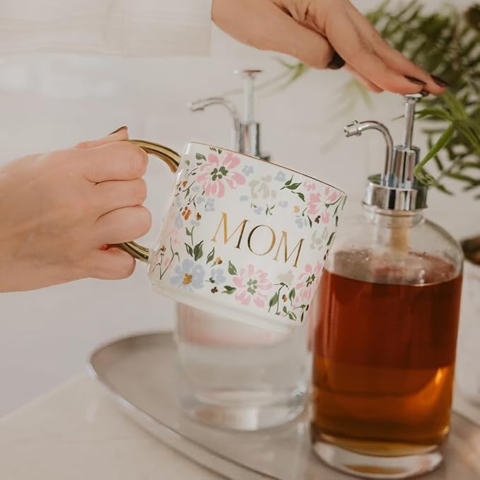 Sweet Water Decor Mug for Mom, 14oz Fine Bone China Cup with Gold Handle & Rim for Tea & Coffee Drinks, Gift Idea for Mother's Day, Mom's Birthday & Christmas, Cute Vintage Floral Design