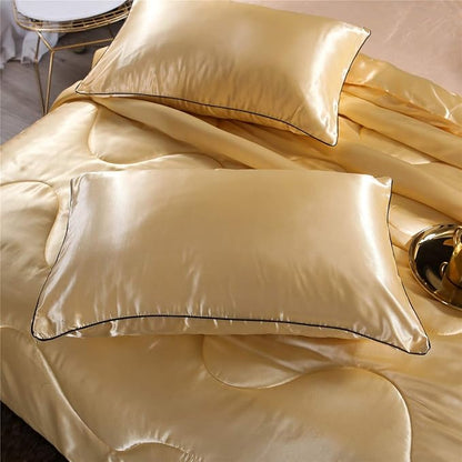 NTBED Sexy Silky Satin Comforter Sets Queen Golden Lightweight Soft Luxury Quilt 3-Pieces Microfiber Bedding Set Yellow (Gold, Queen)