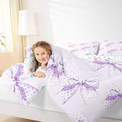 Erosebridal Cartoon Dot Bow Girls Toddler Bedding Set Purple Princess Bowknot Comforter Set Cute Kawaii Butterfly Knot Bedding Comforter Sets for Kids Teen Women,Dreamy Coquette Bow Bed Set