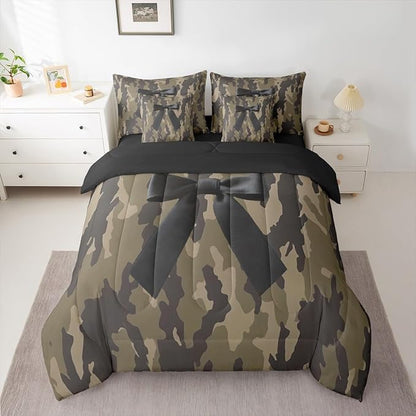 Erosebridal Camo 7 Piece Bedding Set Twin Bowknot Comforter Set with Sheets Bow Hunting Ribbon Army Camouflage Rustic Bed in A Bag Brown Black Bed Sets