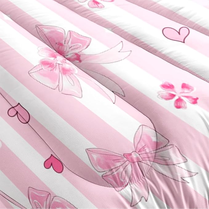 Pink Bow Comforter Set Queen Pink White Striped Bedding Set Girls Coquette Bedding Soft Lightweight Princess Style Comforter with 2 Pillowcases