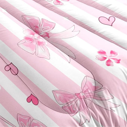 Pink Bow Comforter Set Queen Pink White Striped Bedding Set Girls Coquette Bedding Soft Lightweight Princess Style Comforter with 2 Pillowcases