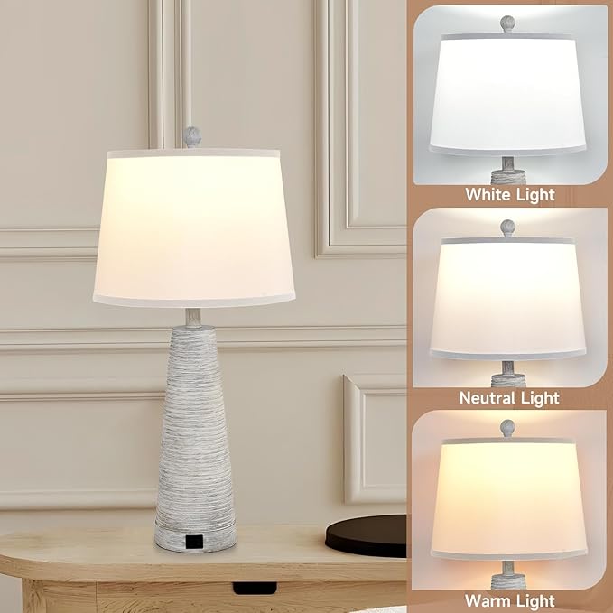Terpsichore Nightstand Lamp Bedside Lamps Set of 2 Vintage Rustic Farmhouse Table Lamp 3 Way Dimmable Horizontal Stripe Light,for Living Room Bedroom,USB A+C (White, High 27 Inch)