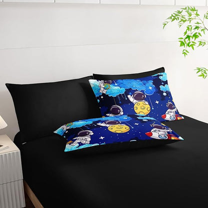 7 Piece Blue Queen Comforter Set for Boys Astronaut，Space Themed Queen Bedding Set，(1 Comforter, 1 Flat Sheet, 1 Fitted Sheet, 2 Pillowcase and 2 Pillow Sham)