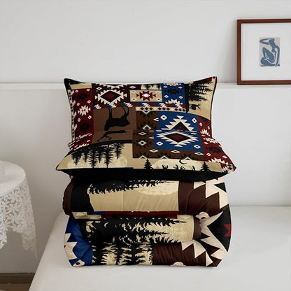 Feelyou Cute Deer Bear Comforter Set for Girls Boys Kids King Size Southwestern Comforter Room Decorative Wild Animal Rustic Cabin Country Geometric Bedding Set Brown Plaid Duvet Set 3Pcs Quilt Set
