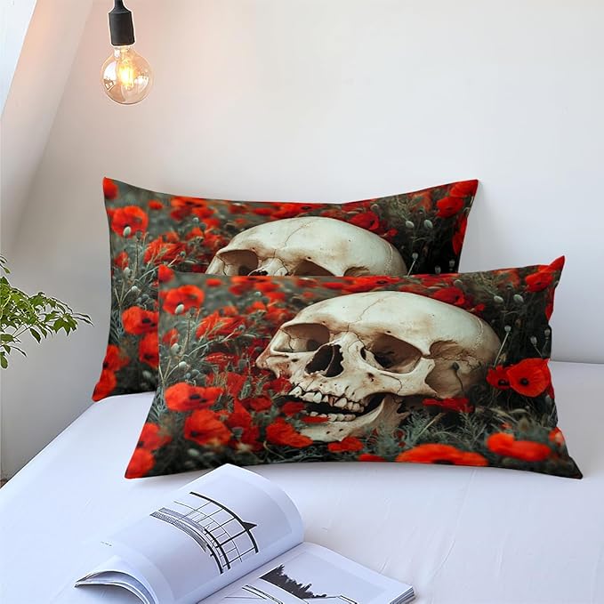 Gothic Skull Comforter Set Queen Size, Black Red Floral Microfiber Bedding Set, Horror Themed Bedroom Decor for Adult/Women
