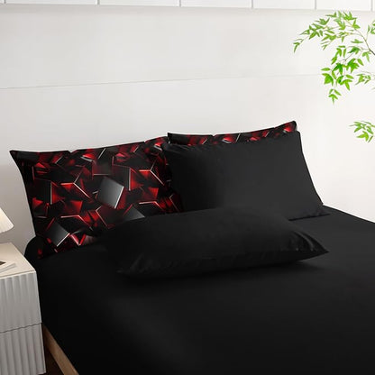 Red and Black Geometric Comforter Set King Size 7PCS,Abstract Triangular Printed Bedding Set for Adults,Geometric Mordern Art Decor All Seasons with Pillowcases,Flat, Fitted Sheet