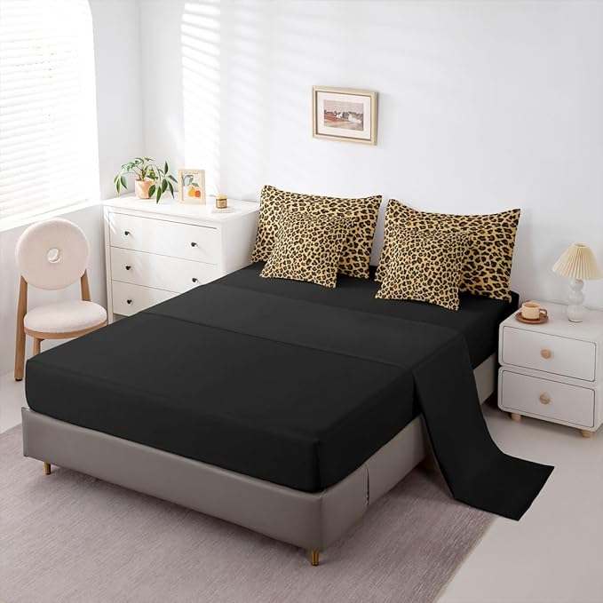 Erosebridal Gold Black Leopard Print 7 Piece Bedding Set Twin | Animal Skin Pattern Comforter Set with Sheets Cheetah Fur Bed in A Bag Women Men Adults Bed Sets