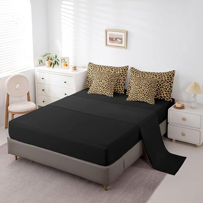 Erosebridal Gold Black Leopard Print Comforter Set Queen Size 7 Pieces | Animal Skin Pattern Bed in A Bag Cheetah Fur Bed Set Women Men Adults Bedding
