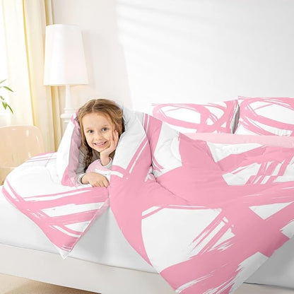 Pink and White Striped Bedding Set Full Size for Adults Youth Teens,Contemporary Boho Modern Art Comforter Set,Graffiti Stripes Lines Quilt,Aesthetic Geometric Duvet Insert for Minimalists