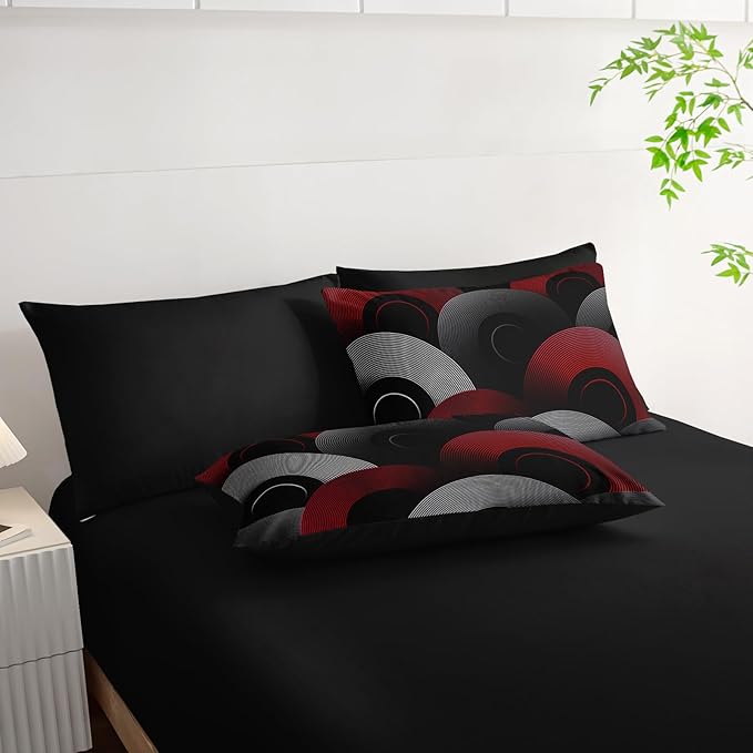 7 Piece Black and Red King Comforter Set Geometric Pattern，Geometric Bedding Set Boys，Geometric Bedroom Decor，(1 Comforter, 1 Flat Sheet, 1 Fitted Sheet, 2 Pillowcase and 2 Pillow Sham)