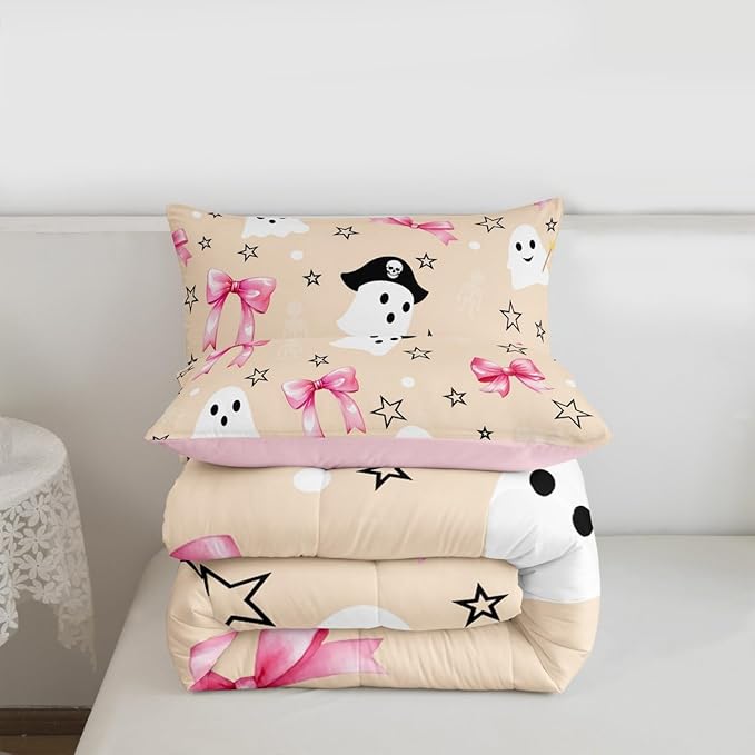 Erosebridal Halloween Ghost Comforter Set Full, Pink Bows Bedding Set, Halloween Decor Kawaii Bowknot Comforter, White Polka Dotstar Star Quilt with 2 Pillowcases for Kids Girls Women