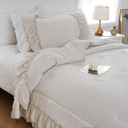 Boho Comforter Queen Shabby Chic Bedding Comforter Set 2 Layers Bohemian Ruffles Home Decor Farmhouse Comforter Cream Bed Comforters