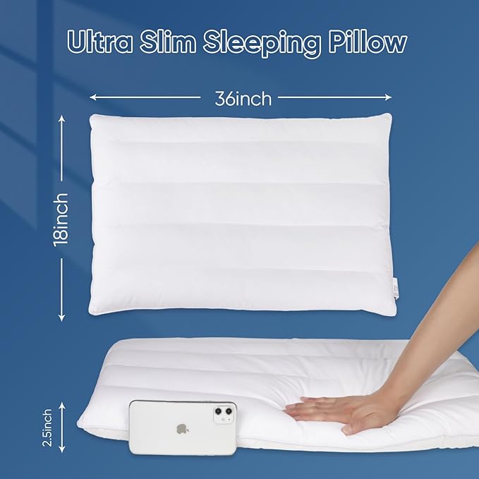 MINUPWELL Ultra Flat Pillows for Sleeping Thin, 7D High Support 2.5 inch Height Ultra Thin Pillows,Slim Bed Pillows for Stomach Sleeper,King Size -18x36 in