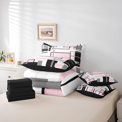 Erosebridal 7Pcs Pink and Black King Comforter Set,Modern Square Geometric Bed in A Bag for Adults,Mid Century Minimalist Abstract Quilt,Aesthetics Art Contemporary Stripes Bedding with Bed Sheets