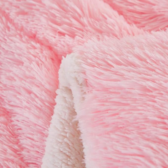 Flysheep Luxury Faux Fur Full/Queen Size Winter Comforter Set Shaggy Velvet Pink Long Hair, 3 Pieces Plush Flannel Sherpa Backing Reversible Soft Microfiber Super Warm Bedding Set for Holiday