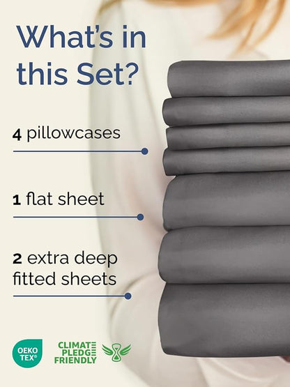 Extra Deep Split King Sheet Set - 7 Piece Breathable and Cooling Sheets - Hotel Luxury Bedding for Women, Men, Kids & Teens - Easy Secure Fit - Soft and Wrinkle Free - Extra Deep Pockets - Dark Grey