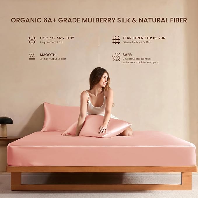 THXSILK Luxury Mulberry Silk Bed Sheets Set - 5pcs Silk Sheets Set 16" Deep Pocket - 2 Fitted Sheets, 1 Flat Sheet, 2 Pillowcases with Zipper Closure - Split King, Charming Pink