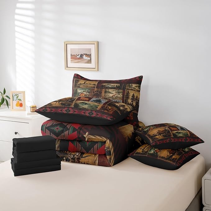 Erosebridal Patchwork Cabin Lodge Bedding Set King 7 Pcs,Bear Deer Hunting Bed in a Bag with Flat Fitted Sheet,Boho Exotic Comforter Set with Pillowcase and Sham,Woodland Animal Bed Sheets Set