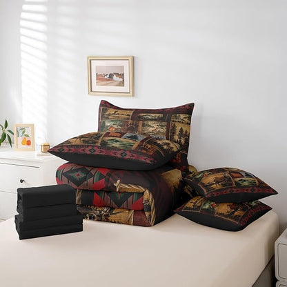 Erosebridal Patchwork Cabin Lodge Bedding Set King 7 Pcs,Bear Deer Hunting Bed in a Bag with Flat Fitted Sheet,Boho Exotic Comforter Set with Pillowcase and Sham,Woodland Animal Bed Sheets Set