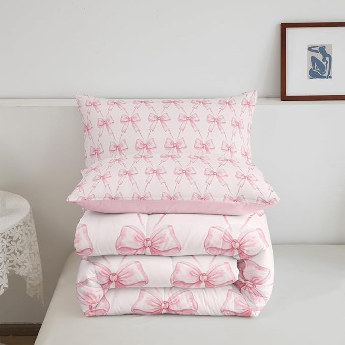 Feelyou Bow Comforter Set King Size Pink Girls Bow Bedding Set Boys Girls Cute Bowknot Comforter for Kids Women Men Kawaii Duvet Set Bow and Stripes Quilt Set 3Pcs