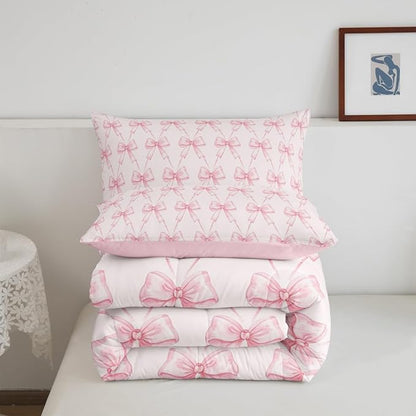 Feelyou Bow Comforter Set Twin Size Pink Girls Bow Bedding Set Boys Girls Cute Bowknot Comforter for Kids Women Men Kawaii Duvet Bow and Stripes Quilt 2Pcs