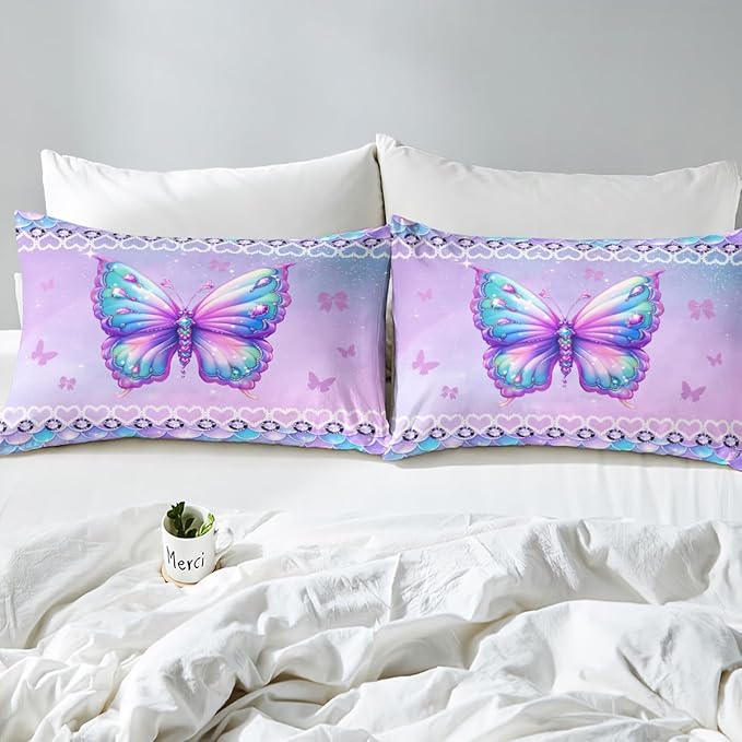 Erosebridal Butterfly Queen Size Bedding Set 3 Piece, Mermaid Scales Down Comforter for Kids Girls Women Room, Kawaii Love Heart Comforter Set, Dreamy Princess Maeine Life Quilt, Purple Blue
