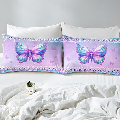 Erosebridal Butterfly Queen Size Bedding Set 3 Piece, Mermaid Scales Down Comforter for Kids Girls Women Room, Kawaii Love Heart Comforter Set, Dreamy Princess Maeine Life Quilt, Purple Blue