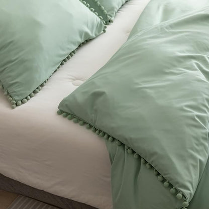 YIRDDEO Queen Comforter Set - Comforter Queen Size Sets with Ball Pom Fringe, Soft Bedding Set for All Seasons - 3 Pieces, 1 Comforter (90"x90") & 2 Pillow Shams (20"x26"), Sage Green