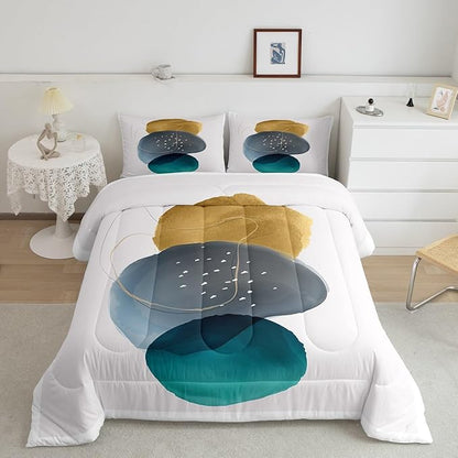 Geometric Bedding Set King Vintage Minimalism Comforter Set, Mid Century Duvet Insert Abstract Polka Dots Quilt Sets, Aesthetic Lines Bedding Comforters & Sets Beige Dark Green White Grey 3-Piece