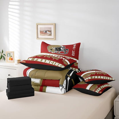Erosebridal Football 7 Pcs Comforter Set Queen Football Fans Bedding for Men Footballs City Sheet Set Bed in A Bag Red Rugby Competition Room Decor Sports Ball Game Quilt