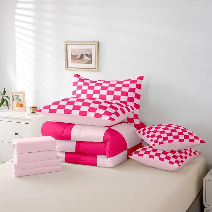 Feelyou Checkered 7 Piece Bedding Set Teen Women Boho Modern Cute Aesthetic Decorative Girly Comforter Set with Sheets Full Size Kids Boys Geometric Chic Bed in a Bag Pink White Plaid Room Decor