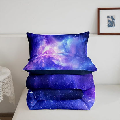 Erosebridal Purple Galaxy Bedding Down Comforter Set Kids Teens Girls Boys Starry Sky Space Universe Star Design Comforter Set,Soft Home Decorative 3 Pcs Bedding Set with 2 Pillowcases,Full Size