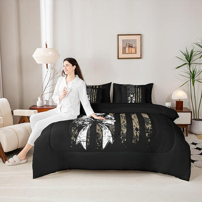 Erosebridal Bow King Comforter Set Camouflage 7-Piece Bed in A Bag Pigeons Birds Bowknot American Flag Sheets and Pillowcases Black White Green Bed Sets