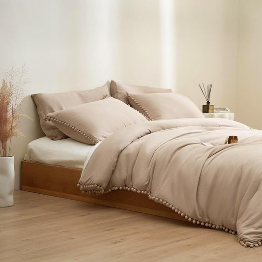 MUKKA Boho Pom Pom Fringe Comforter Set 5-Piece Full Size Khaki, Boho Bedding Comforter Set Taupe with 2 Pillowcases, 2 Pillowshams