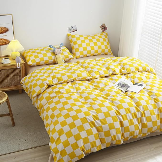 CLOTHKNOW Light Yellow Grid Queen Comforter Set Plaid Bedding Comforter Sets Checker Queen Comforter Light Yellow Queen Size Comforter Sets