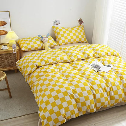 CLOTHKNOW Light Yellow Grid Queen Comforter Set Plaid Bedding Comforter Sets Checker Queen Comforter Light Yellow Queen Size Comforter Sets