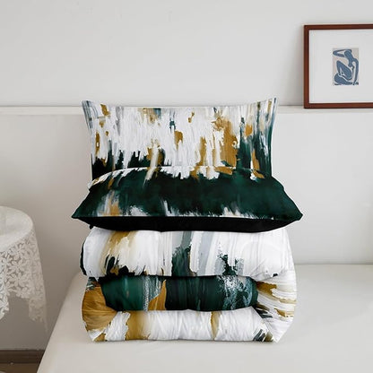 Erosebridal Emerald Green Comforter King Watercolor Graffiti Bedding Set, Striped Oil Painting Down Comforter Aesthetic Modern Bed Set, Ombre Brush Marks Contemporary Quilted Duvet