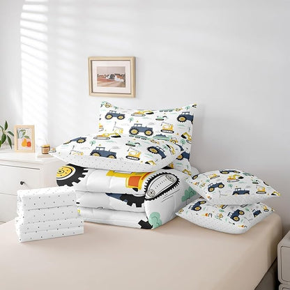 Erosebridal Cartoon Car Kids 7 Pcs Comforter Set Queen,Kids Construction Vehicles Bed in a Bag for Boys Girls Teens,Tractor Machinery Trucks Bedding Set,Excavator Construction Site Cars Fitted Sheet