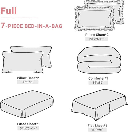 JOLLYVOGUE Burgundy Full Size Comforter Sets 7 Pieces, Pintuck Bed in a Bag Comforter Set for Bedroom, Bedding Comforter Sets with Comforter, Sheets,Ruffled Shams & Pillowcases