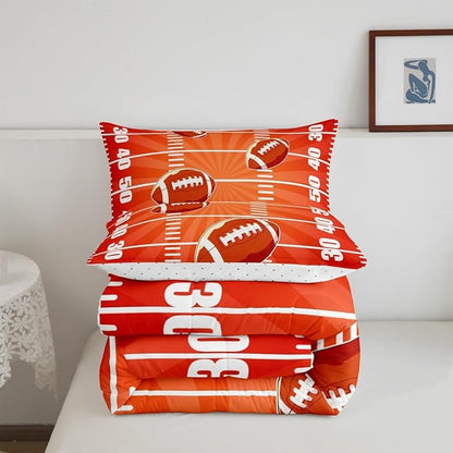 Feelyou Rugby Comforter Set Queen Size Football Comforter for Boys Girls Teens Sports Games Bedding Set Soccer Ball Game Duvet Set Room Decor Dark Orange Quilt Set